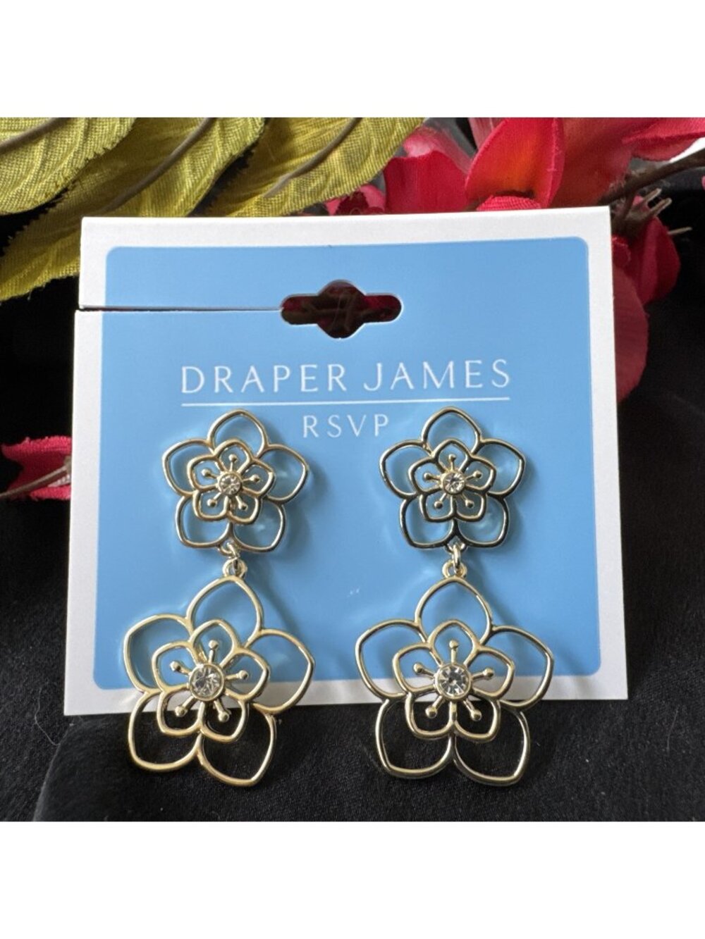 Draper James Dainty Dangle 1.5" Earrings Floral Filigree Rhinestone GoldTone NEW